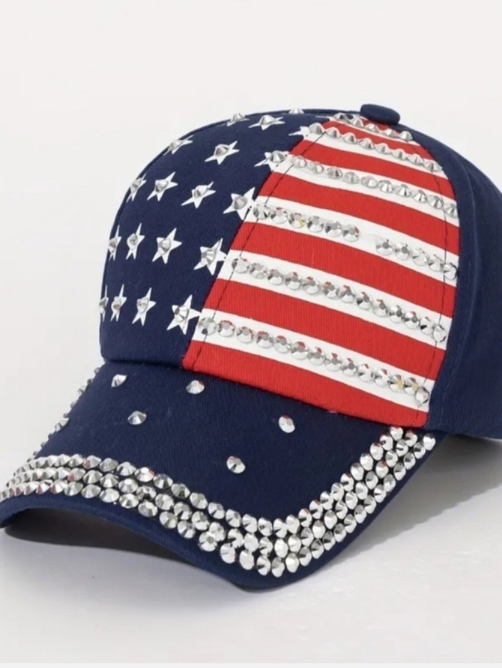 Embellished American Flag Rhinestone Baseball Cap - Navy & Red - Picture 3 of 8